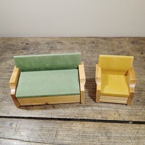 Vintage Strombecker Doll Furniture Wooden Green Sofa Bed Couch & Yellow Chair
